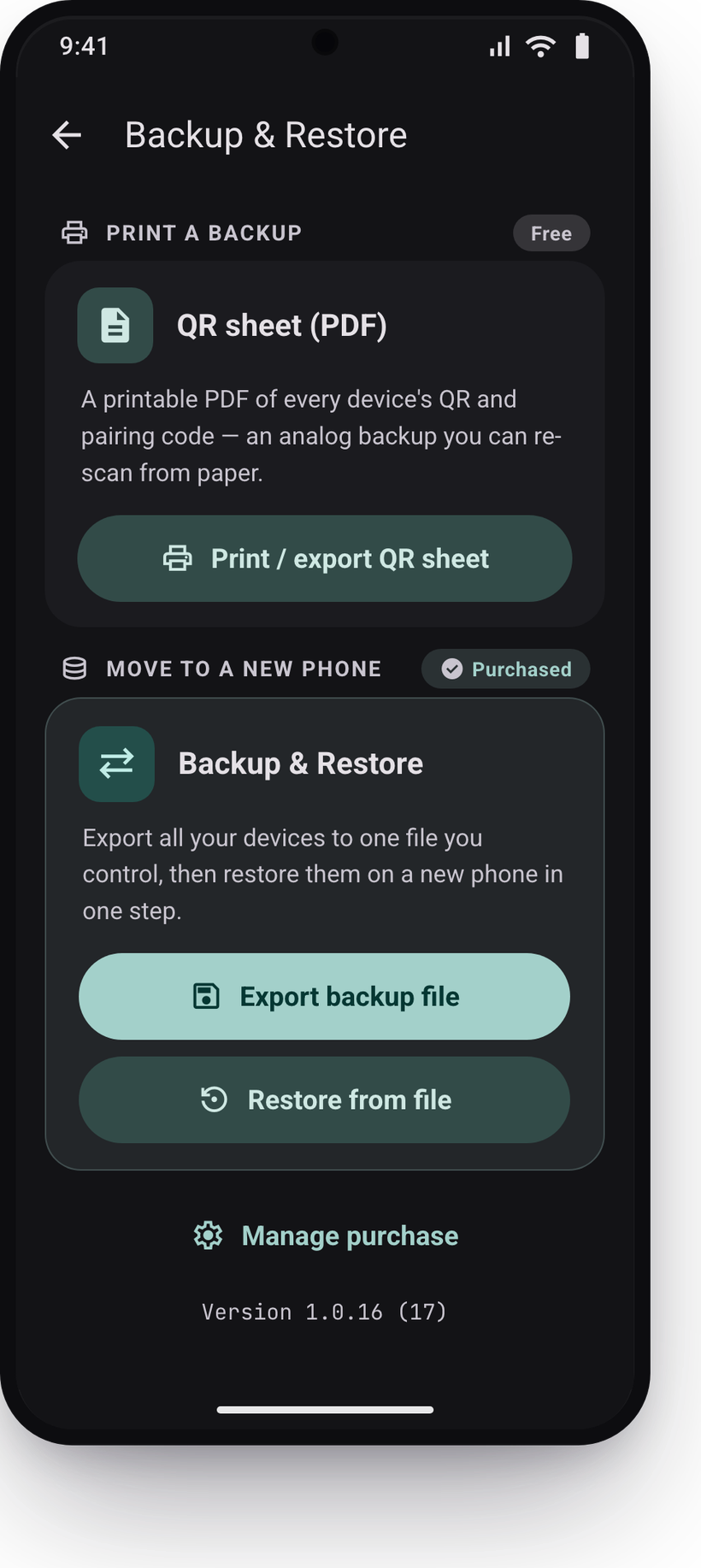 The ReMatter Backup & Restore screen with export and restore options