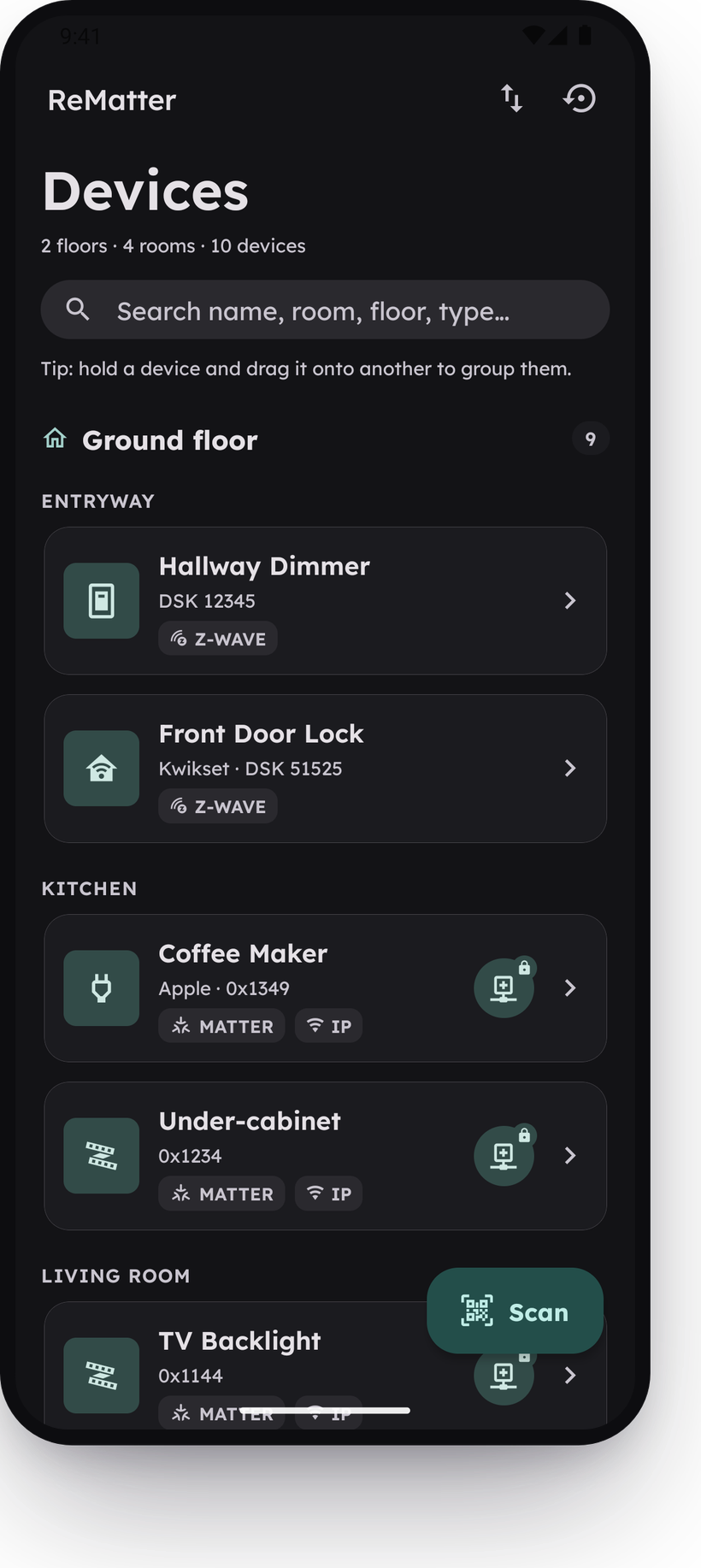 The ReMatter device list, showing saved Matter, Z-Wave and HomeKit devices grouped by room